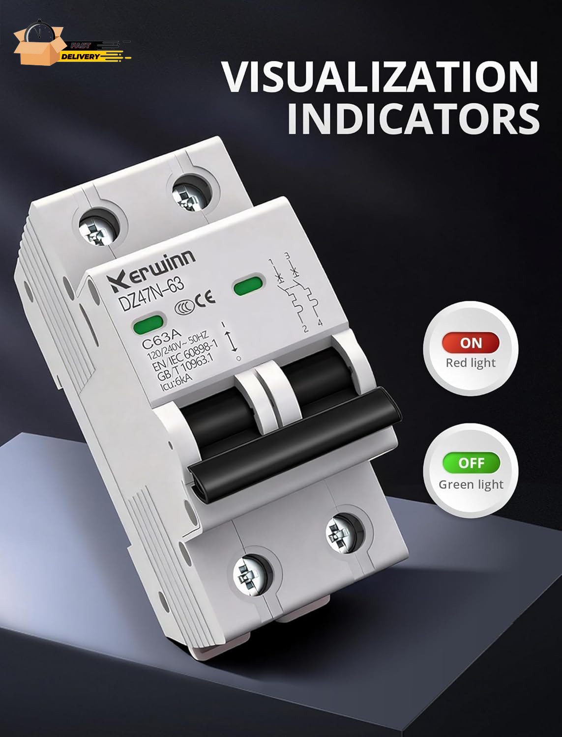 AC Miniature Circuit Breaker 2 Pole 50A (MCB),120V/240V 50/60Hz DIN Rail Mount