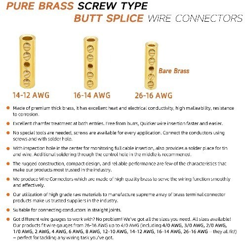 26 16 14 12 10 8 6 AWG Screw Sleeve Butt Splice Connectors Kit Brass Mechanical