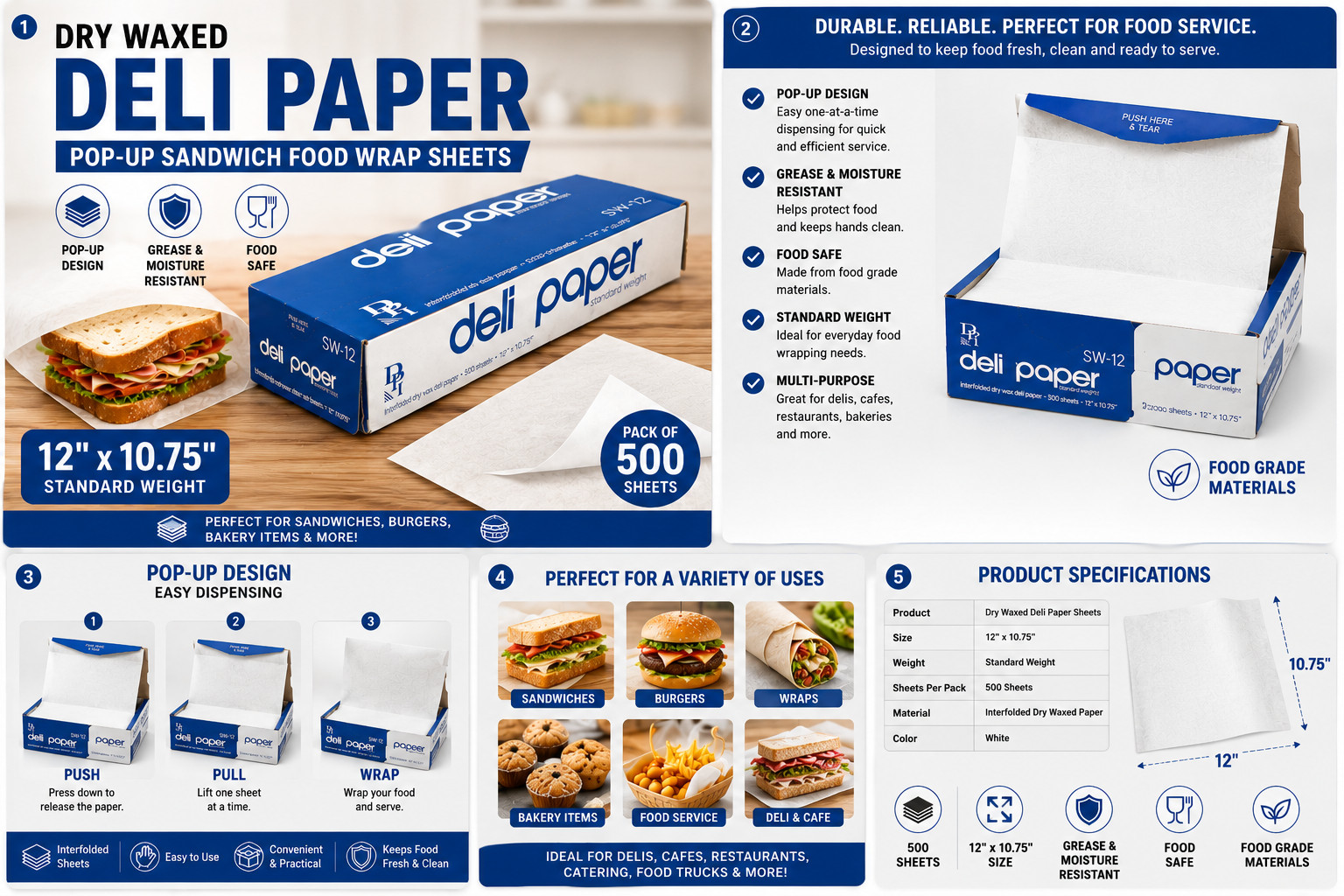 12×10.75 Dry Waxed Deli Paper Pop Up Sandwich Food Wrap Sheets 500 Pack