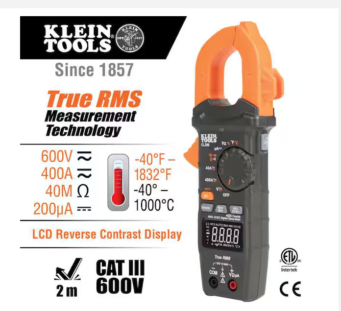 Klein Tools CL390 AC/DC Digital Clamp Meter, Auto-Ranging, 400 Amp, NCVT Tester,