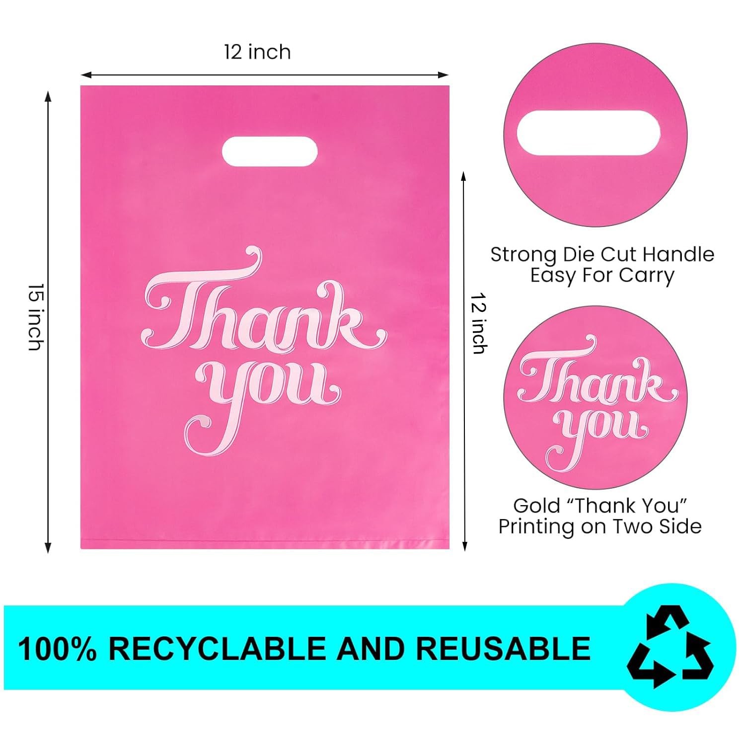100 Pcs Pink 12×15″ Thank You Bags, Shopping Bags 1 count (Pack of 100),