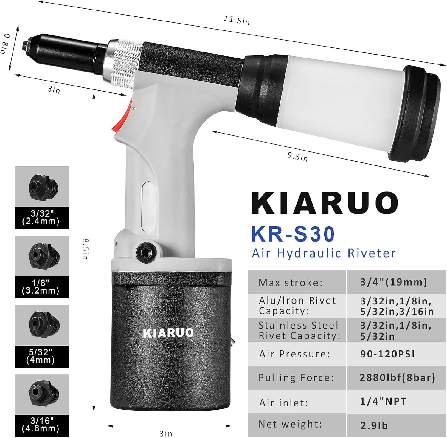 Pneumatic Rivet Gun S30 Self-Suction Air Rivet Gun 3/16″ 5/32″ 1/8″ 3/32″ Hydrau
