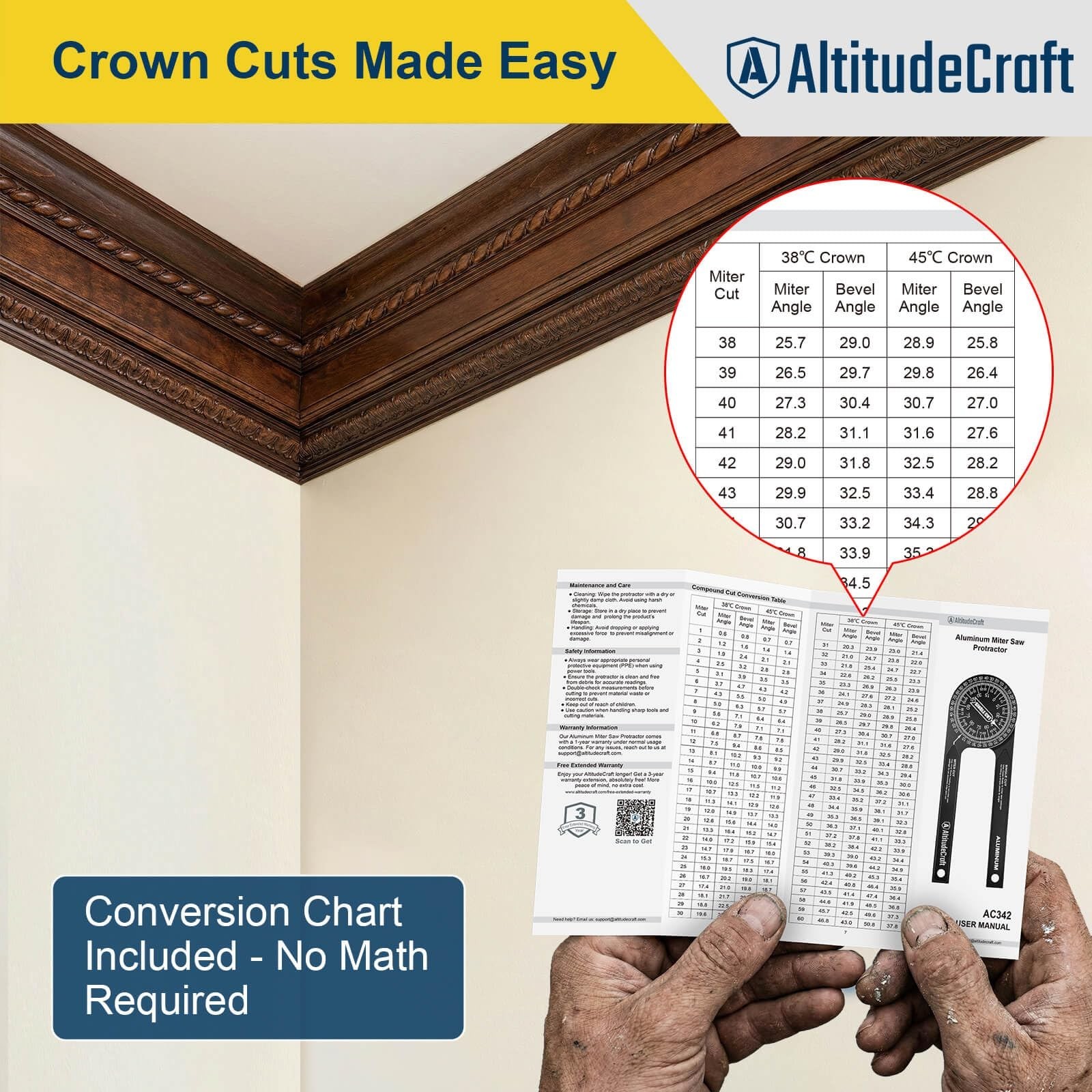 Precision Miter Saw Protractor & Crown Molding Angle Finder Tool for Accurate Cu