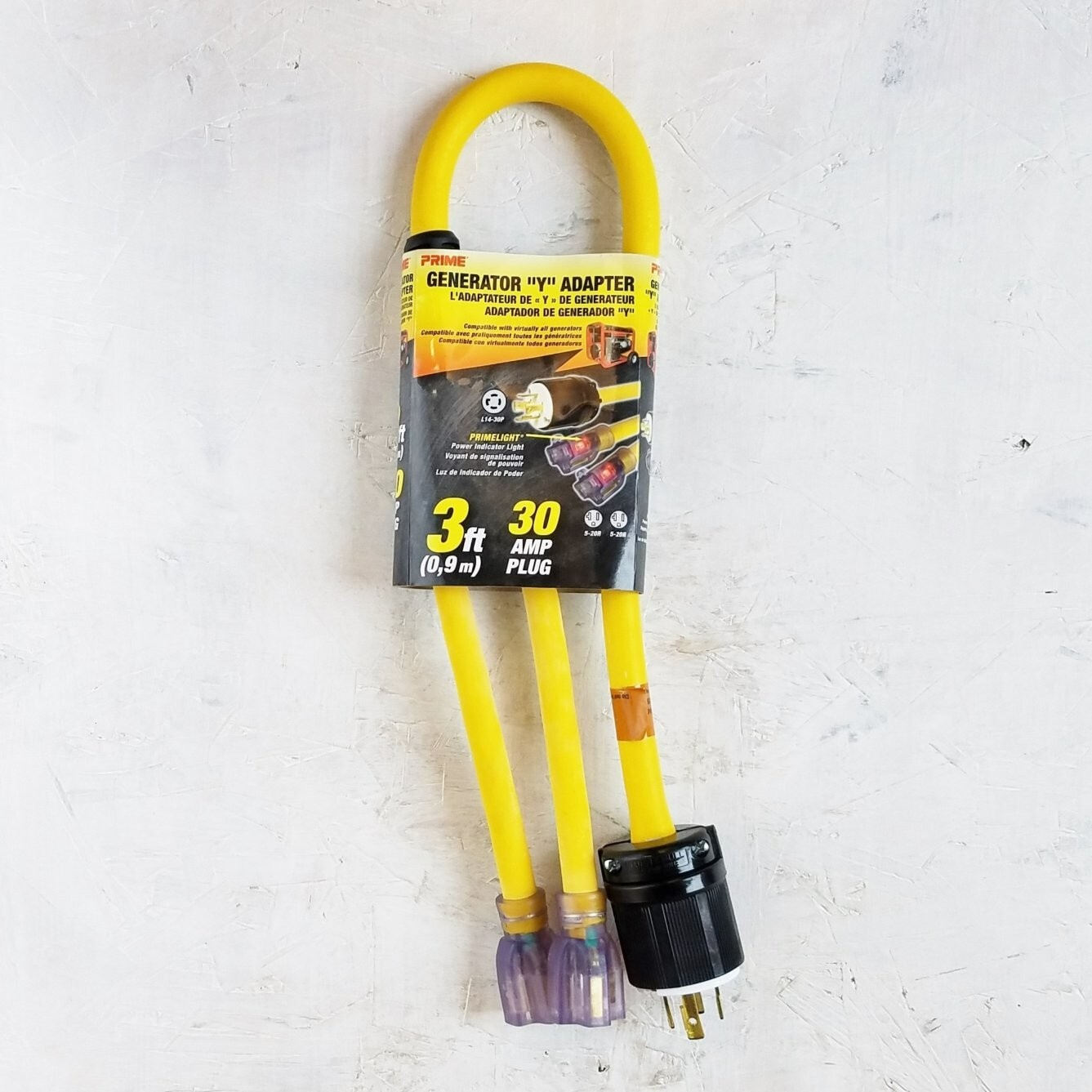 Prime 3′ Generator ‘Y’ Adapter – 30 Amp Plug to Two 5/20 Receptacles