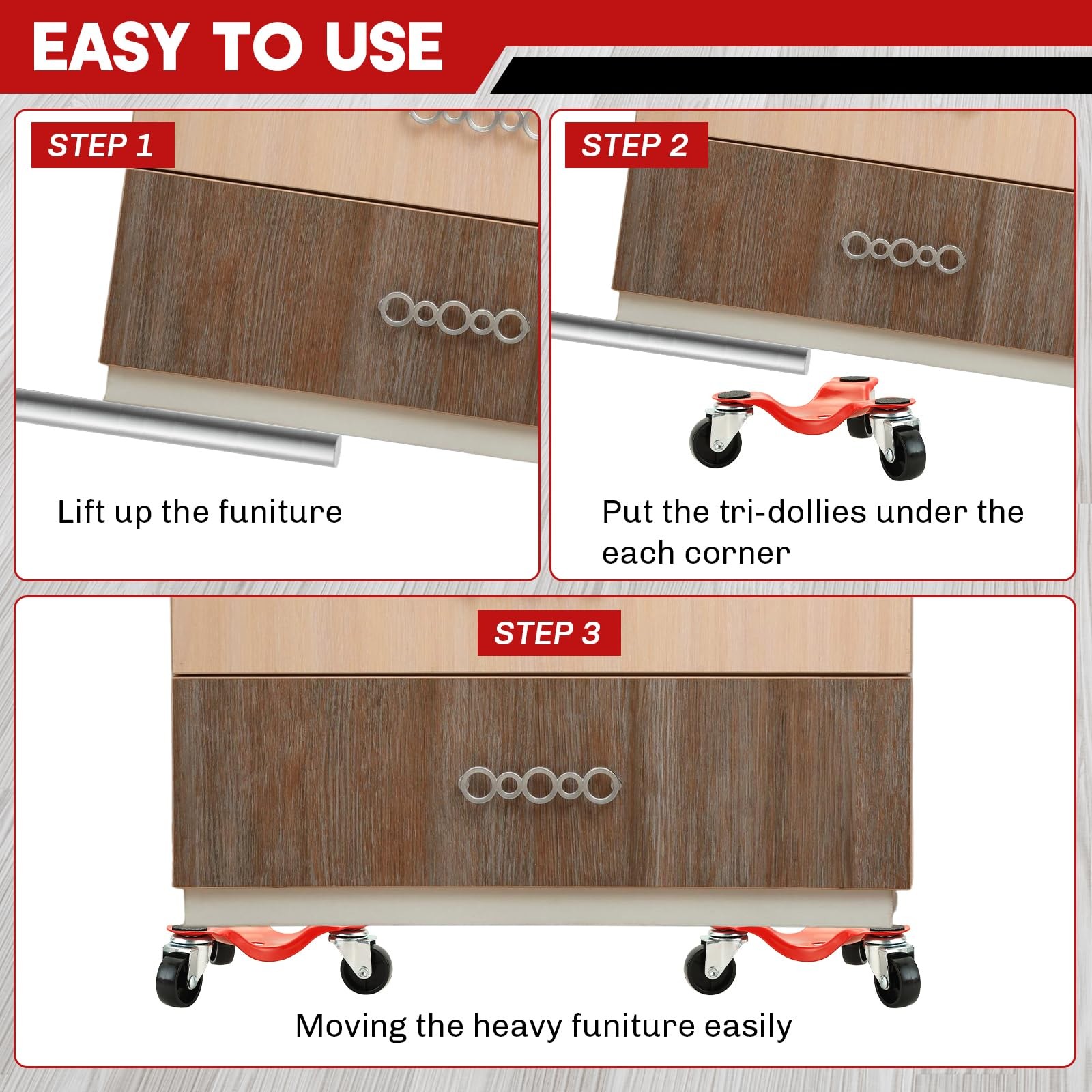 4 Pack Steel Tri-Dolly | 220 lbs Load Capacity, 3 Wheel Furniture Mover Dolly…