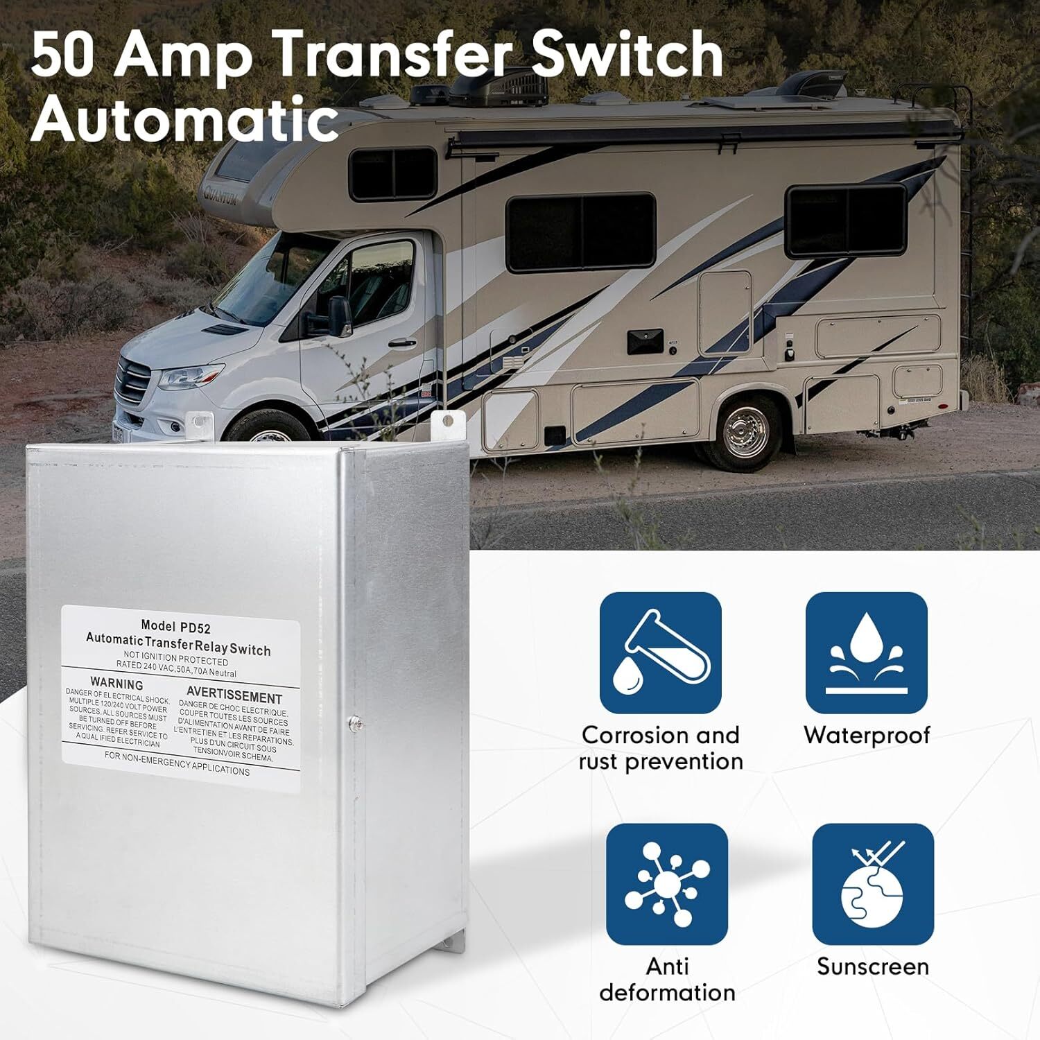 PD52 50 AMP Automatic Transfer Switch for RV, Speedboats 120/240 VAC, 50 Amp