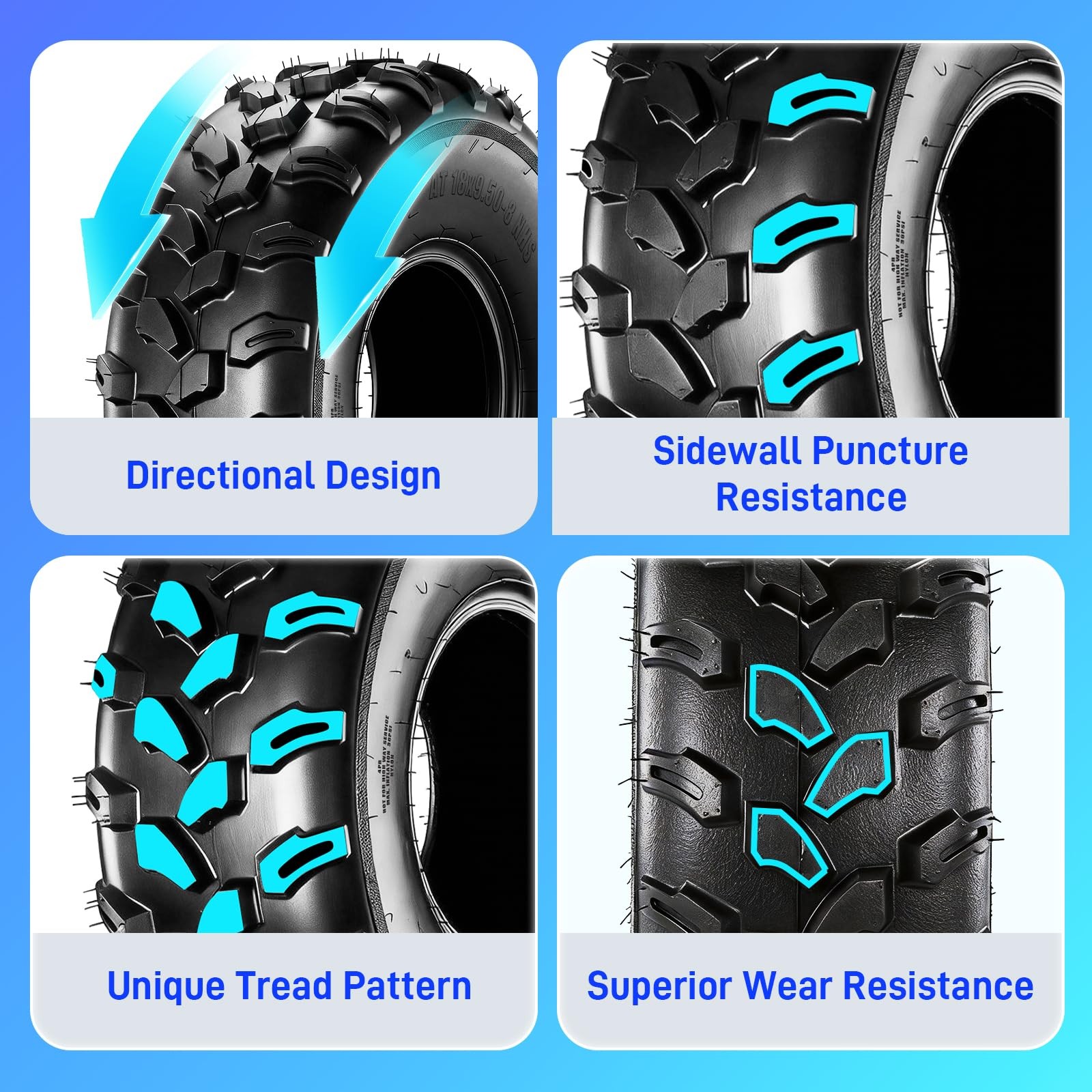 18×9.50-8 ATV UTV Tires 4PR All-Terrain for Sand Mud Trail Directional Tubeless