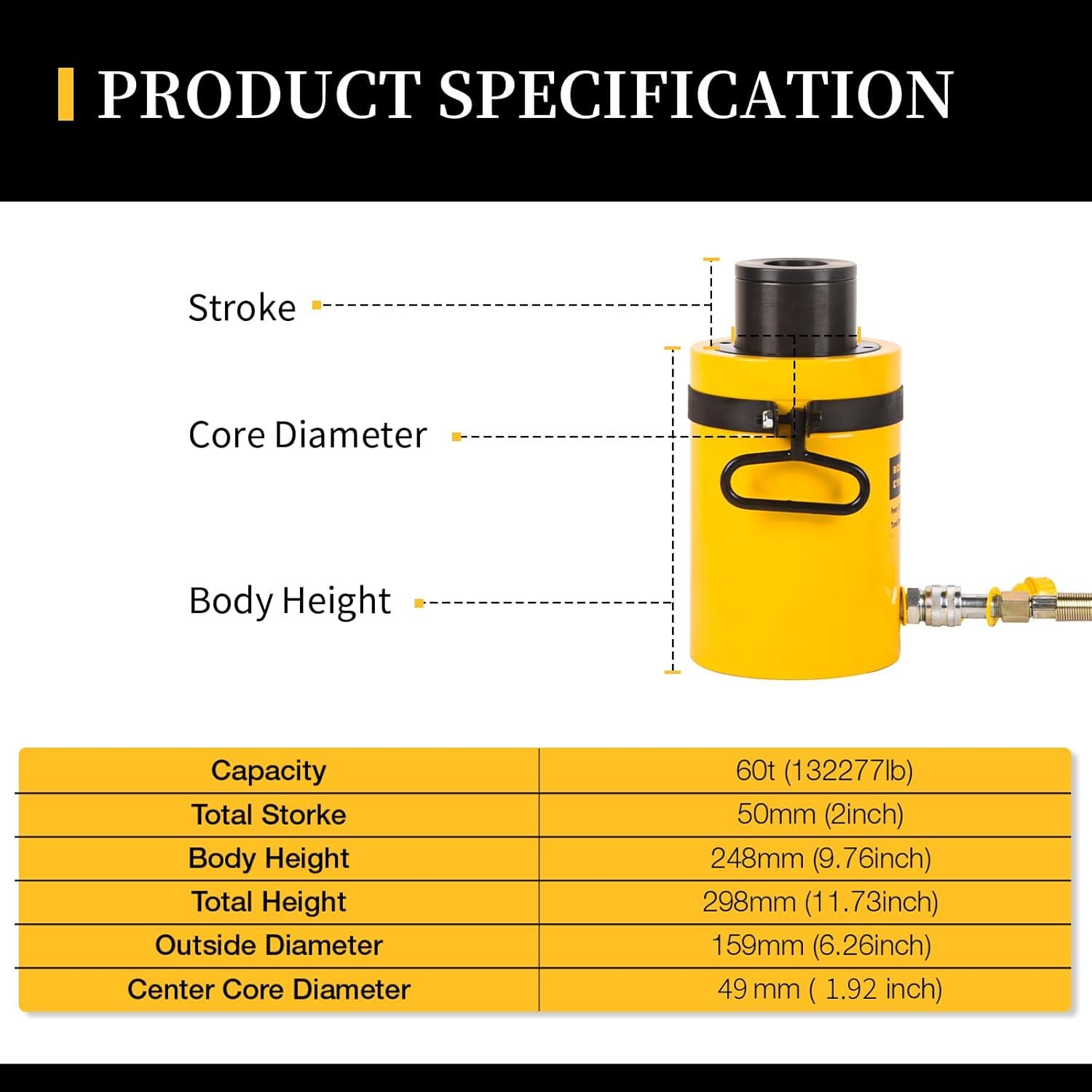 60Ton Single Acting Hydraulic Cylinder 2″ Stroke Hollow Jack Ram RCH-6050