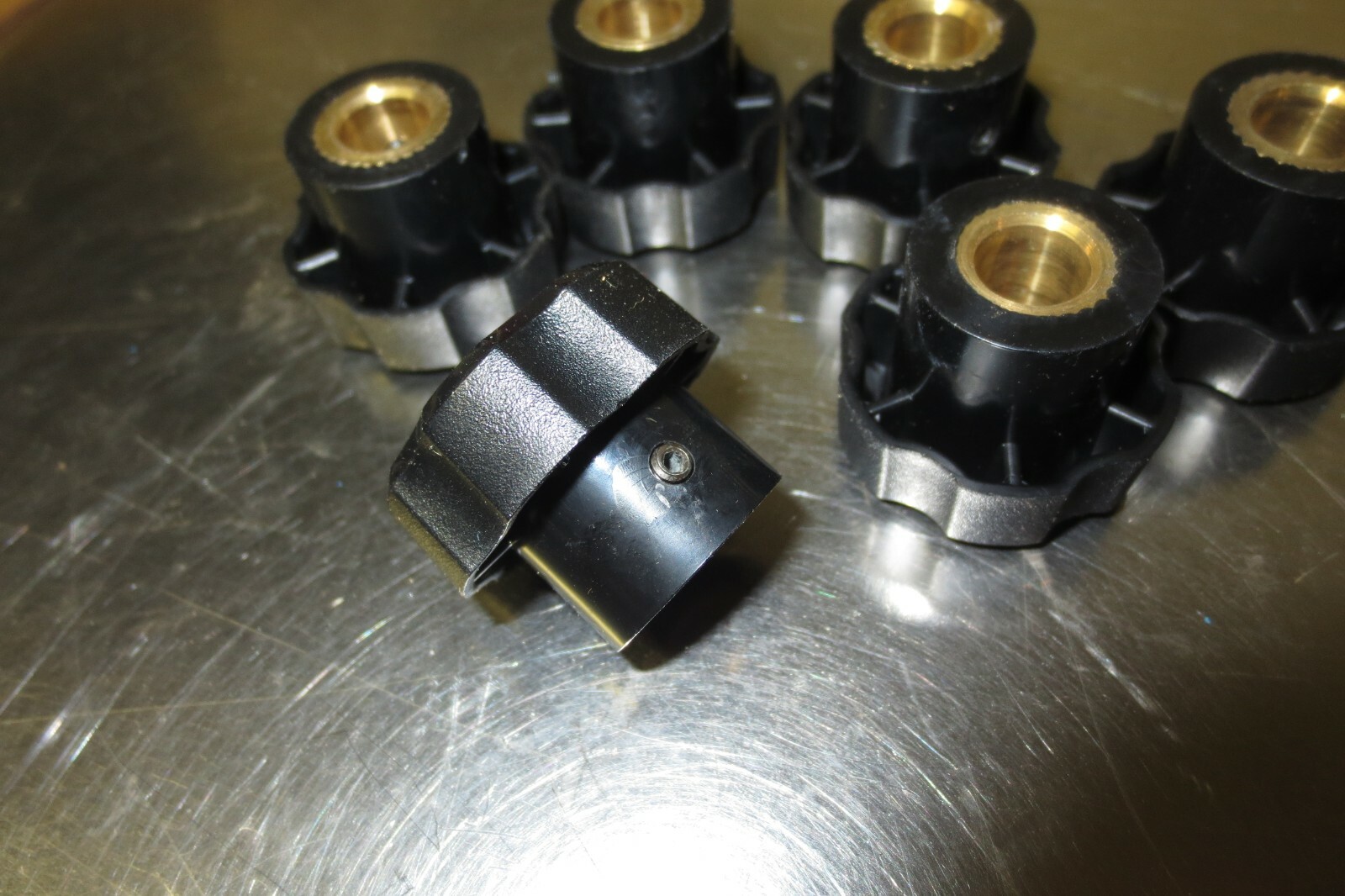 Lot of 6 Plastic Turn Knobs 1.20 OD, 3/8 Brass Bore set screw in side.