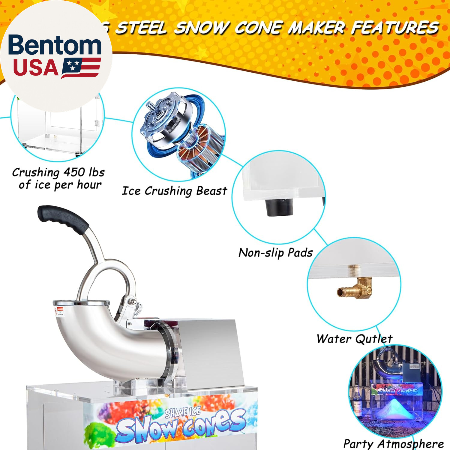 48L Snow Cone Machine, 500LB/H Commercial Shaved Ice Machine, 300W Electric Ice
