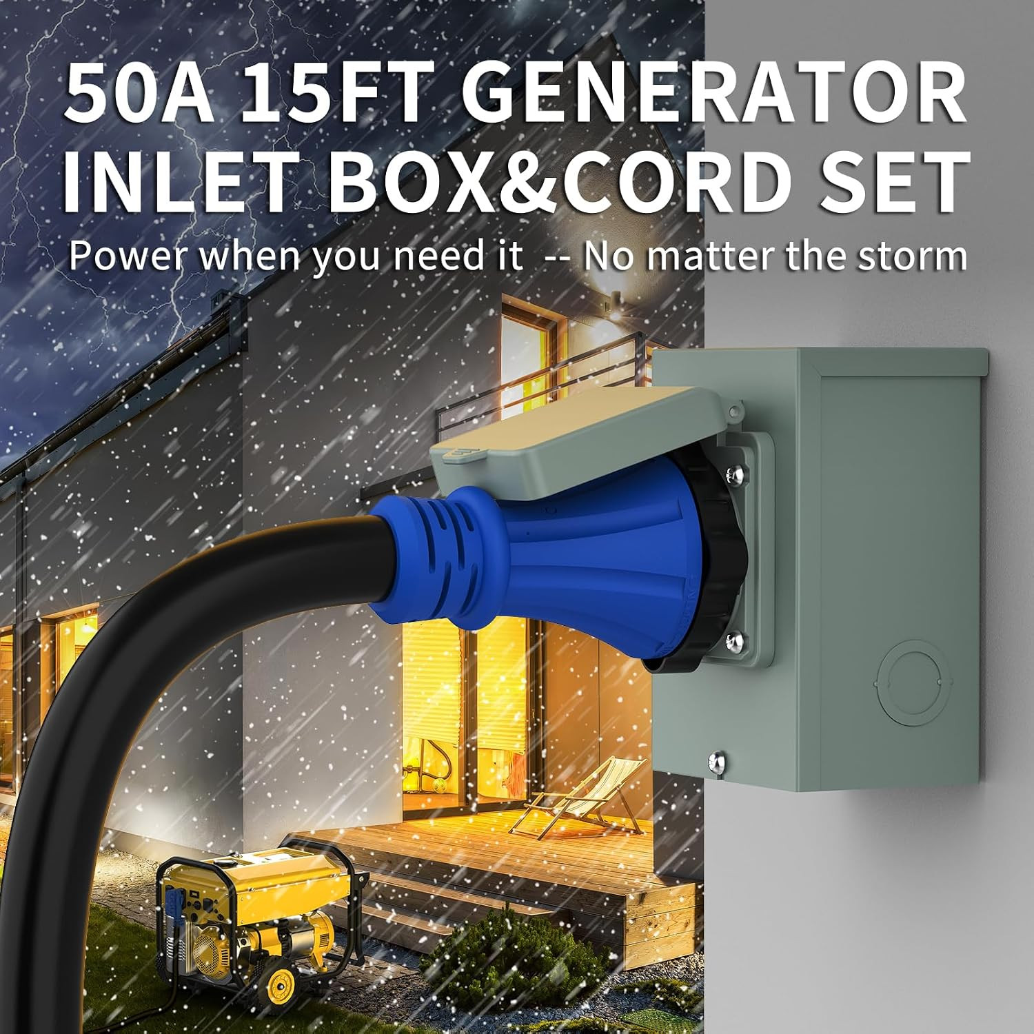 50 Amp Power Inlet Box and 15FT Generator Cord, 125V/250V Emergency Power Combo