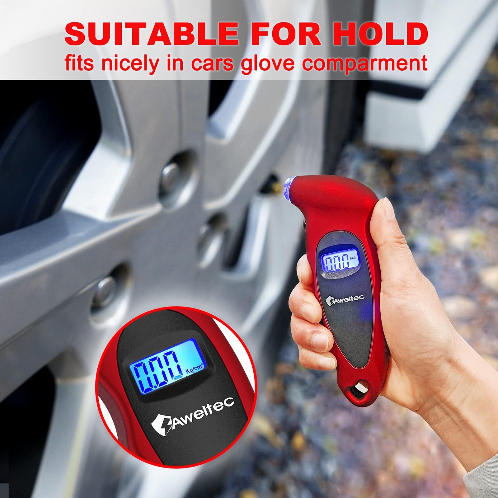 AWELTEC Digital Tire Pressure Gauge,Accurate Air Gauge 1 Pack, Red(1PK)