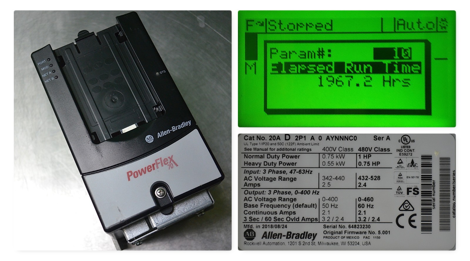 Low Hours Allen-Bradley 20AD2P1A0AYNNNC0 PowerFlex 70 1 HP Ser. A 480V FRN:5.001