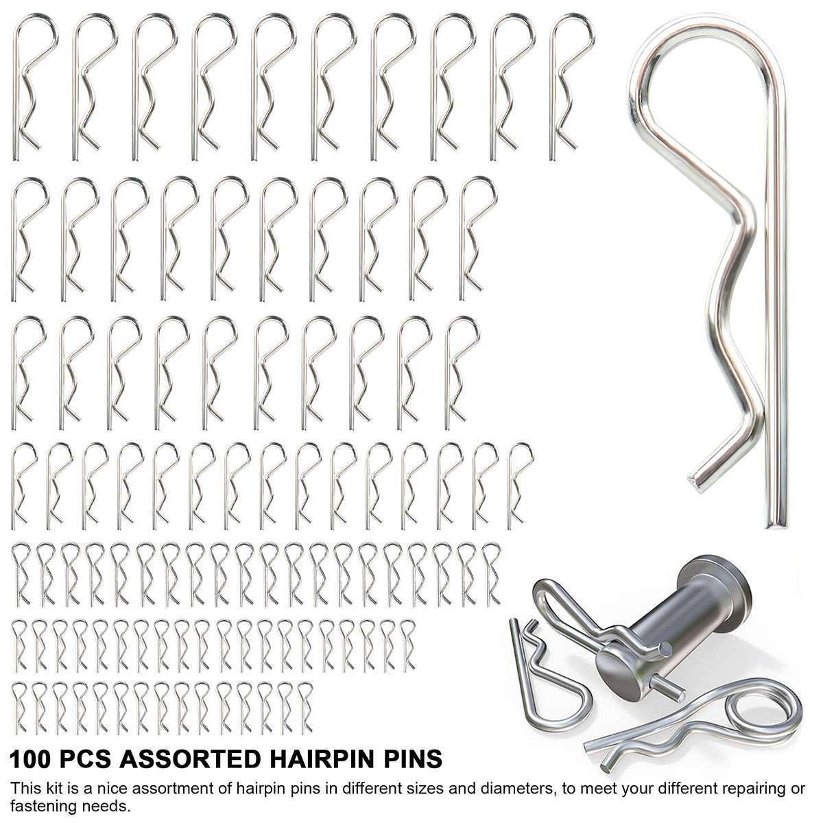 100 Pcs Cotter Pins Assortment Kit Hitch Pin Clip Locking R Hairpin Mower Deck