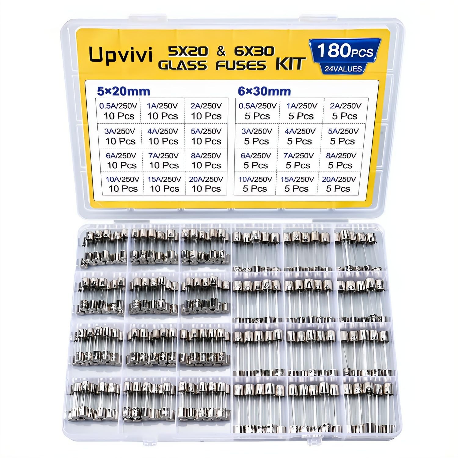 Fast Blow Glass Fuse Assortment Kit 24 Values Glass Fuses 250V 5X20Mm 0.5A 1A