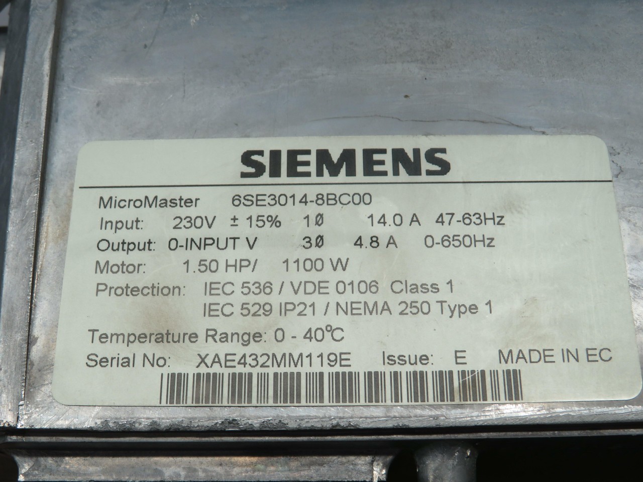 SIEMENS 6SE3014-8BC00 SIMOVERT MICROMASTER DRIVE T172334