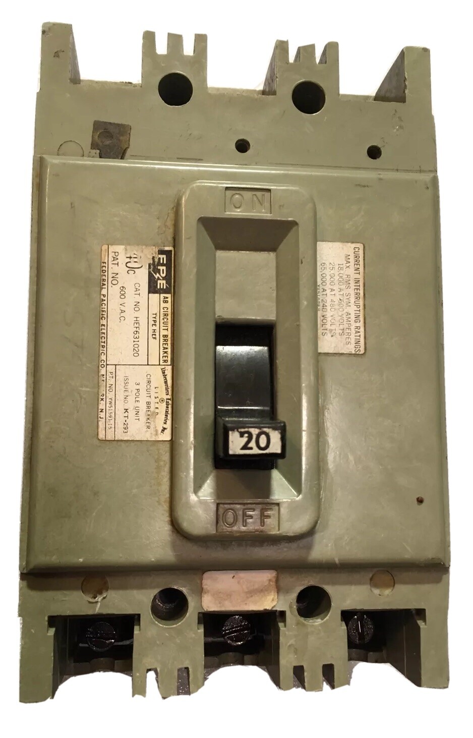 FEDERAL PACIFIC Electric HEF631020 20A 600V 3P CIRCUIT BREAKER WARRANTY