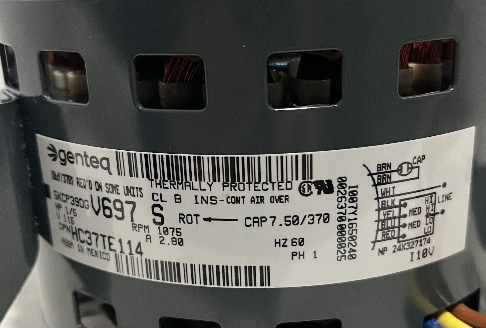 Genteq HC37TE114 Blower Motor 1/5 HP 115 V 1075 RPM 2.80 A