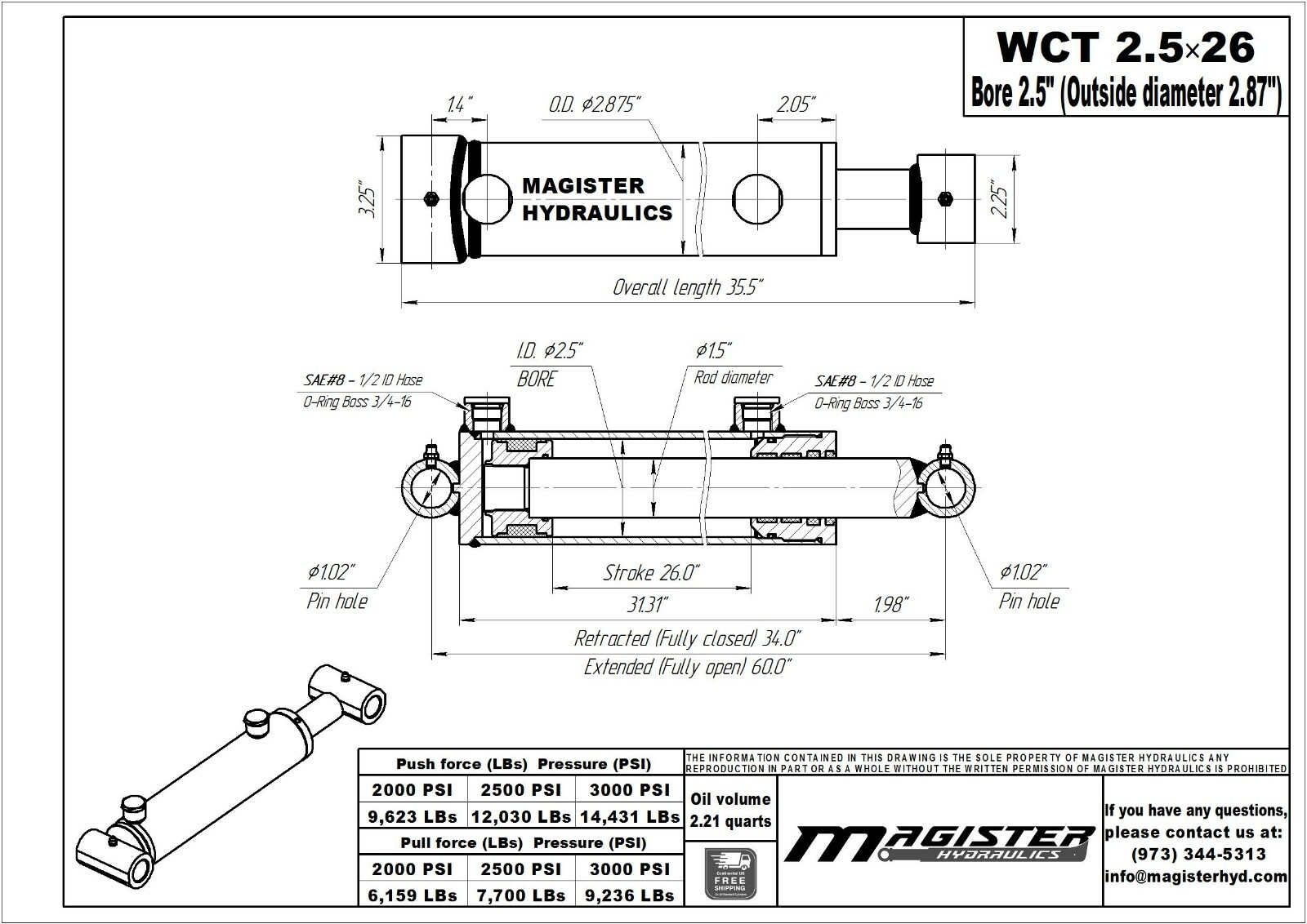 Hydraulic Cylinder Welded Double Acting 2.5″ Bore 26″ Stroke Cross Tube 2.5×26