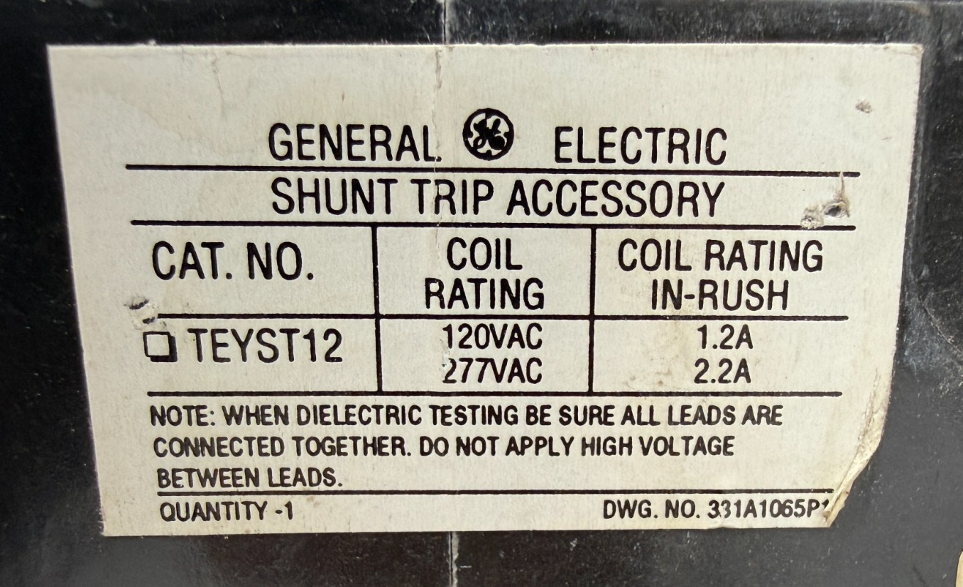 GE TEY340ST12 40Amp 3Pole 480/277VAC 14kA Bolt-On Circuit Breaker TEYST12 Shunt
