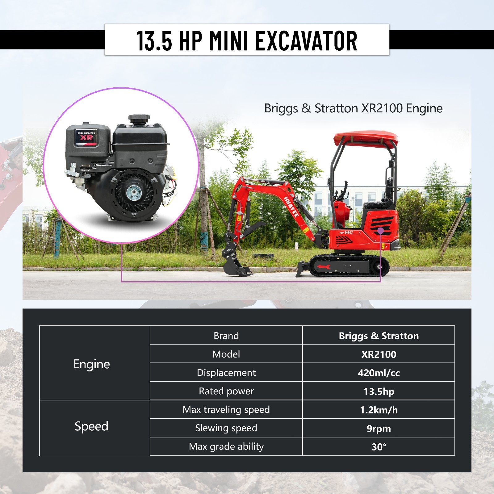 Mini Excavator 1 Ton 1.4Ton Digger 13.5hp Gas Tracked Crawler B&S EPA Engine.