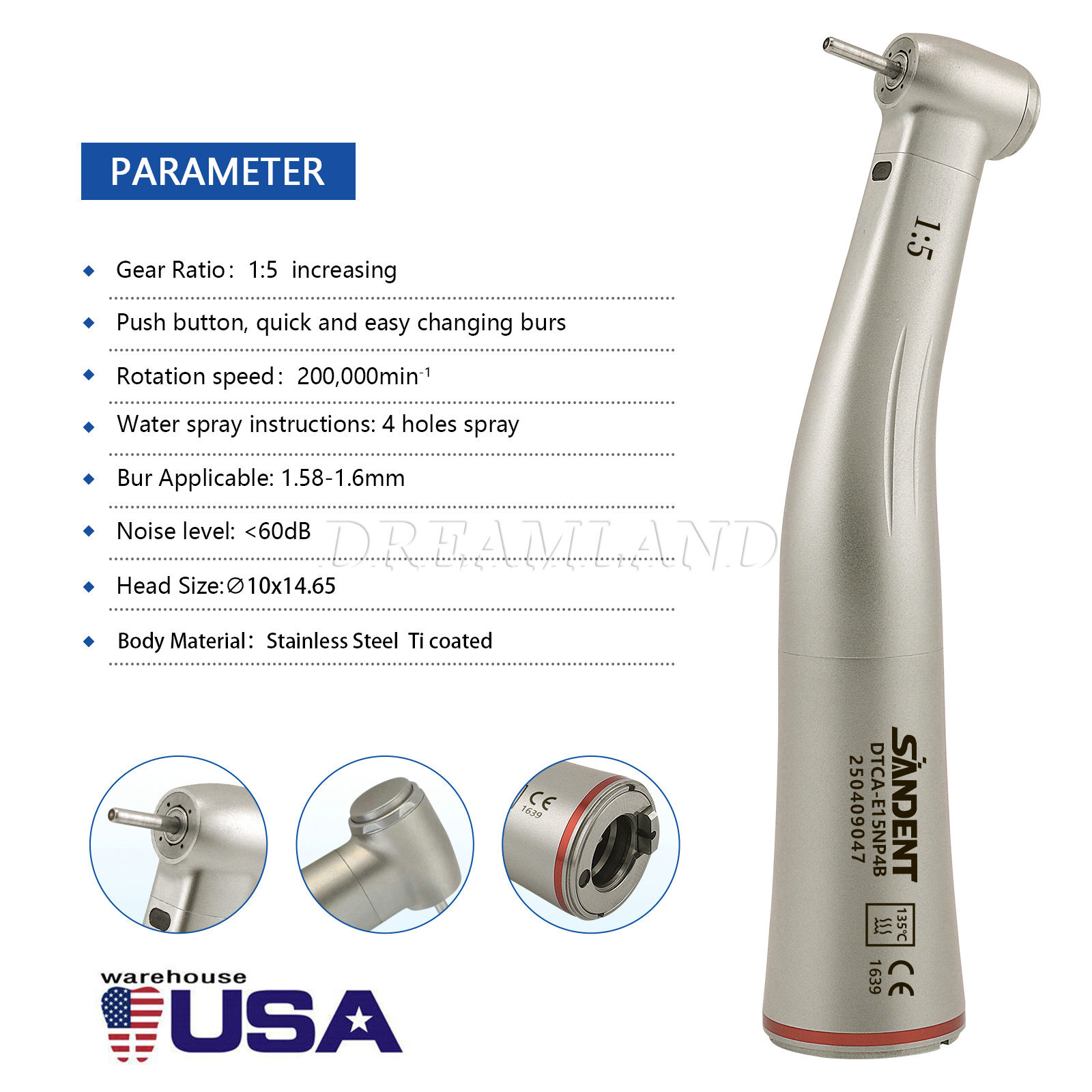 3pcs SANDENT Dental 1:5 LED Contra Angle Handpiece High Speed for Electric Motor