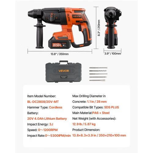 20V Brushless Cordless Hammer Drill, Lithium-Ion 1.1 Inch Rotary Hammer Driver,