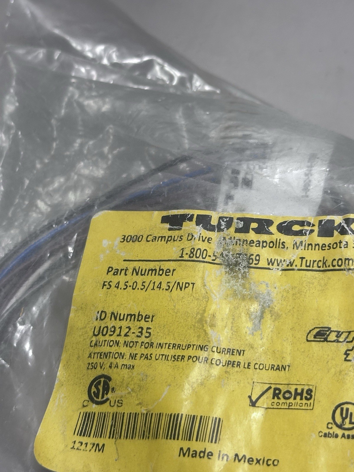 TURCK FS 4.5-0.5/14.5/NPT, EUROFAST MALE RECEPTACLE, U0912-35