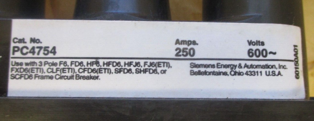 SIEMENS PC4754 PLUG-IN MOUNTING ASSEMBLY 250A 600VAC 3POLE USE W/ TYPE F, FD