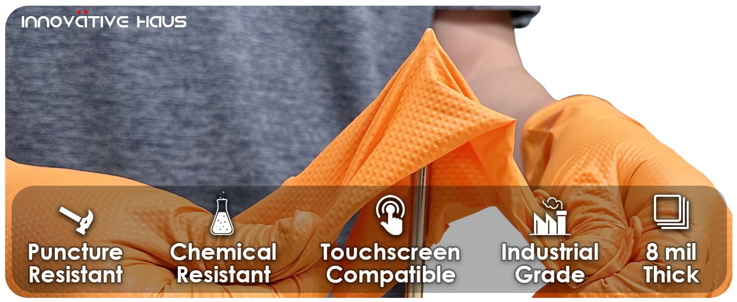 8 Mil Orange Disposable Nitrile Gloves. Raised Diamond Texture – Large- 10 Boxes