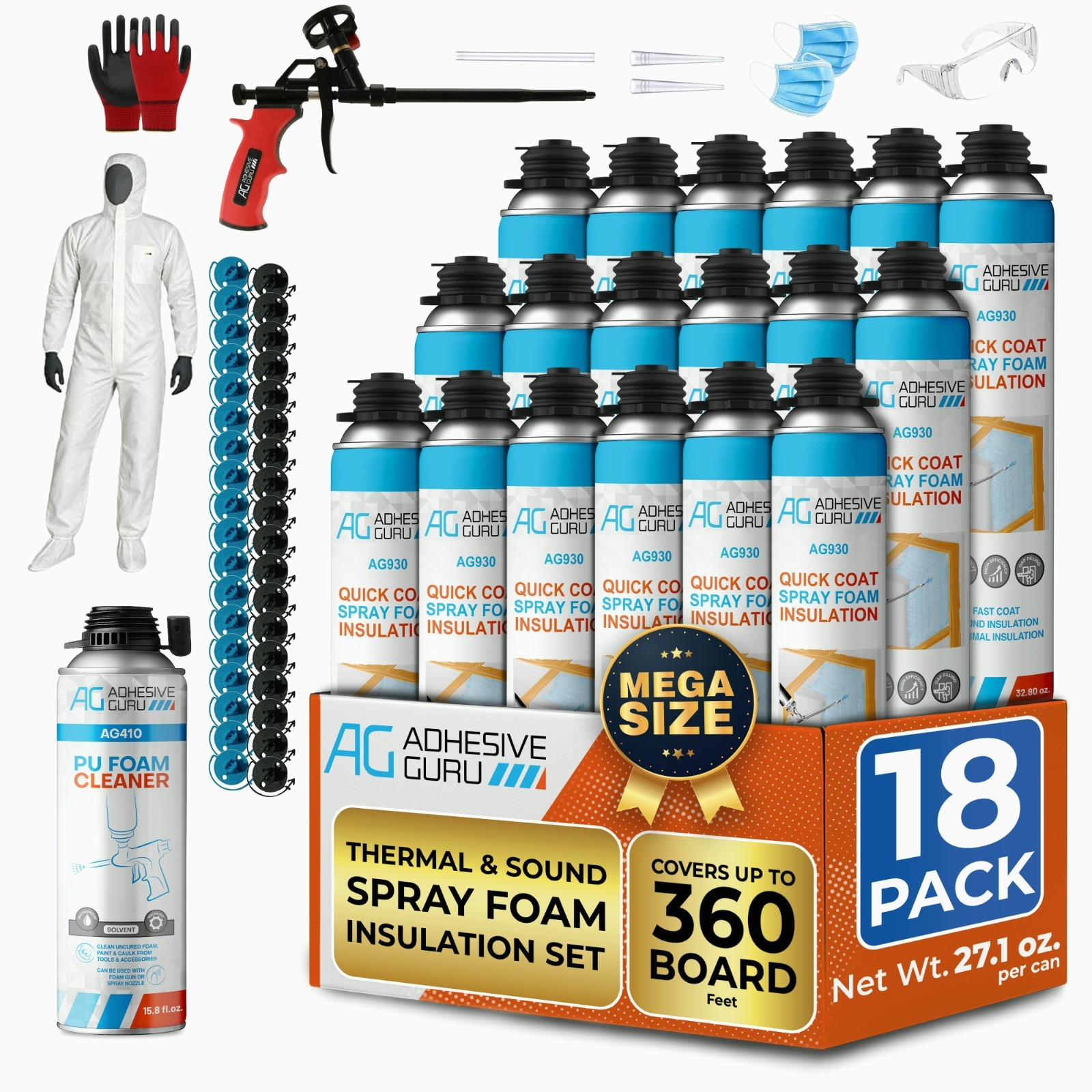 Adhesive Guru Spray Foam Insulation Kit (18 x 32.80 oz/930 gr – 360 Board feet),