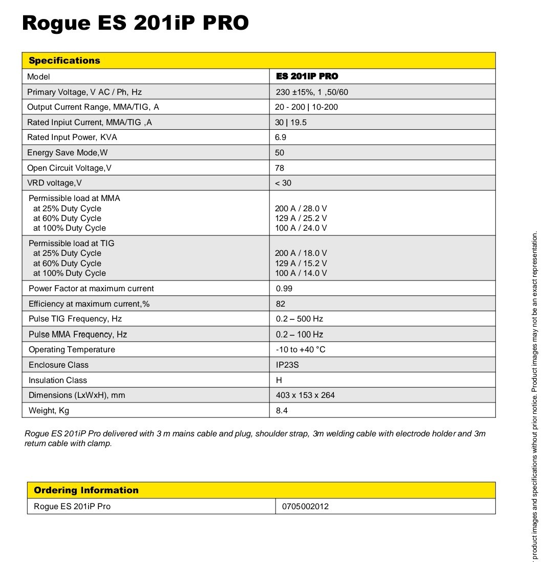 Esab Rogue Es 201ip Pro durable power source 230/115.