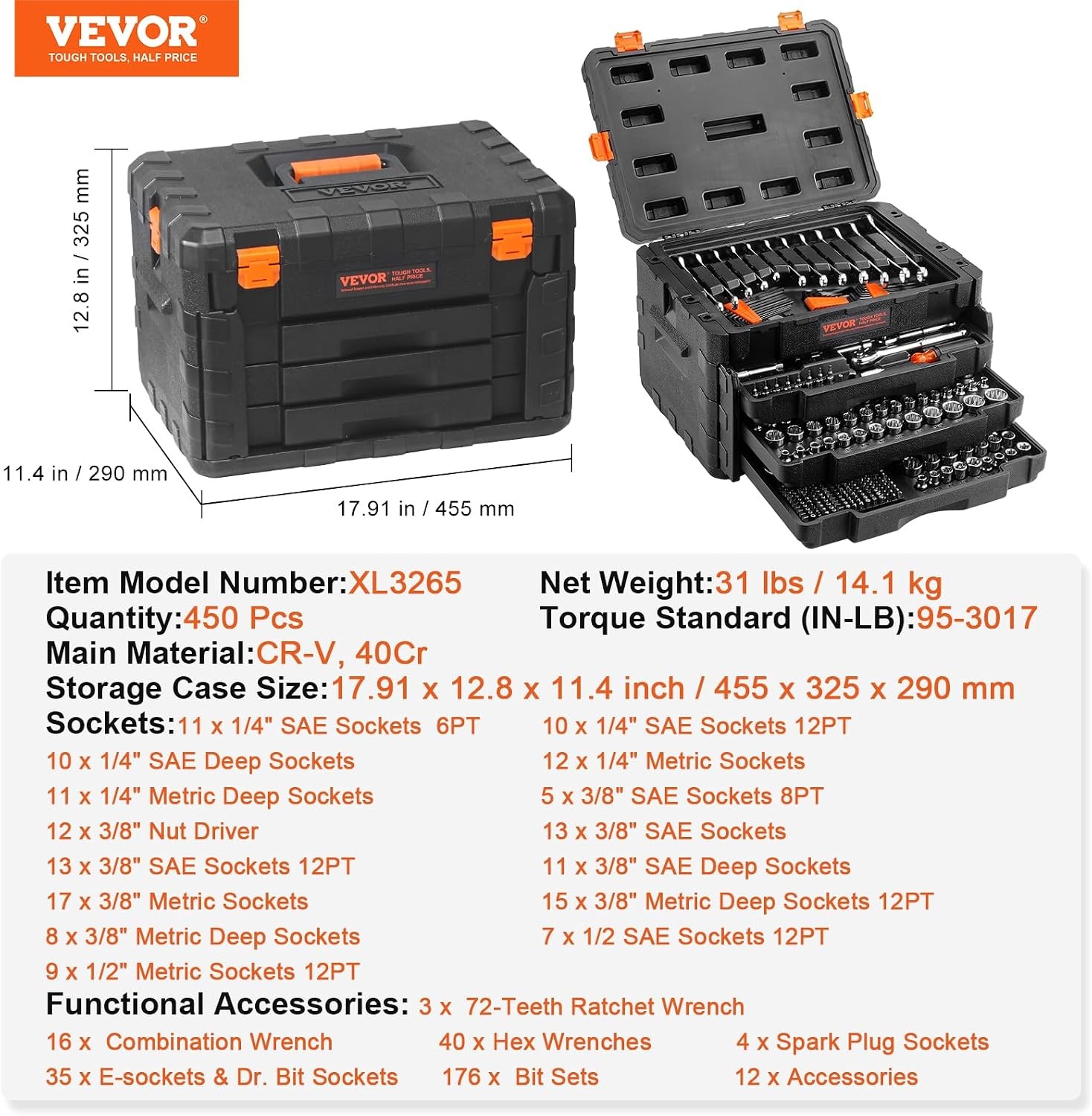 VEVOR Mechanics Tool Set and Socket Set, 1/4″ 3/8″ 1/2″ Drive, 450 PCS | SAE and