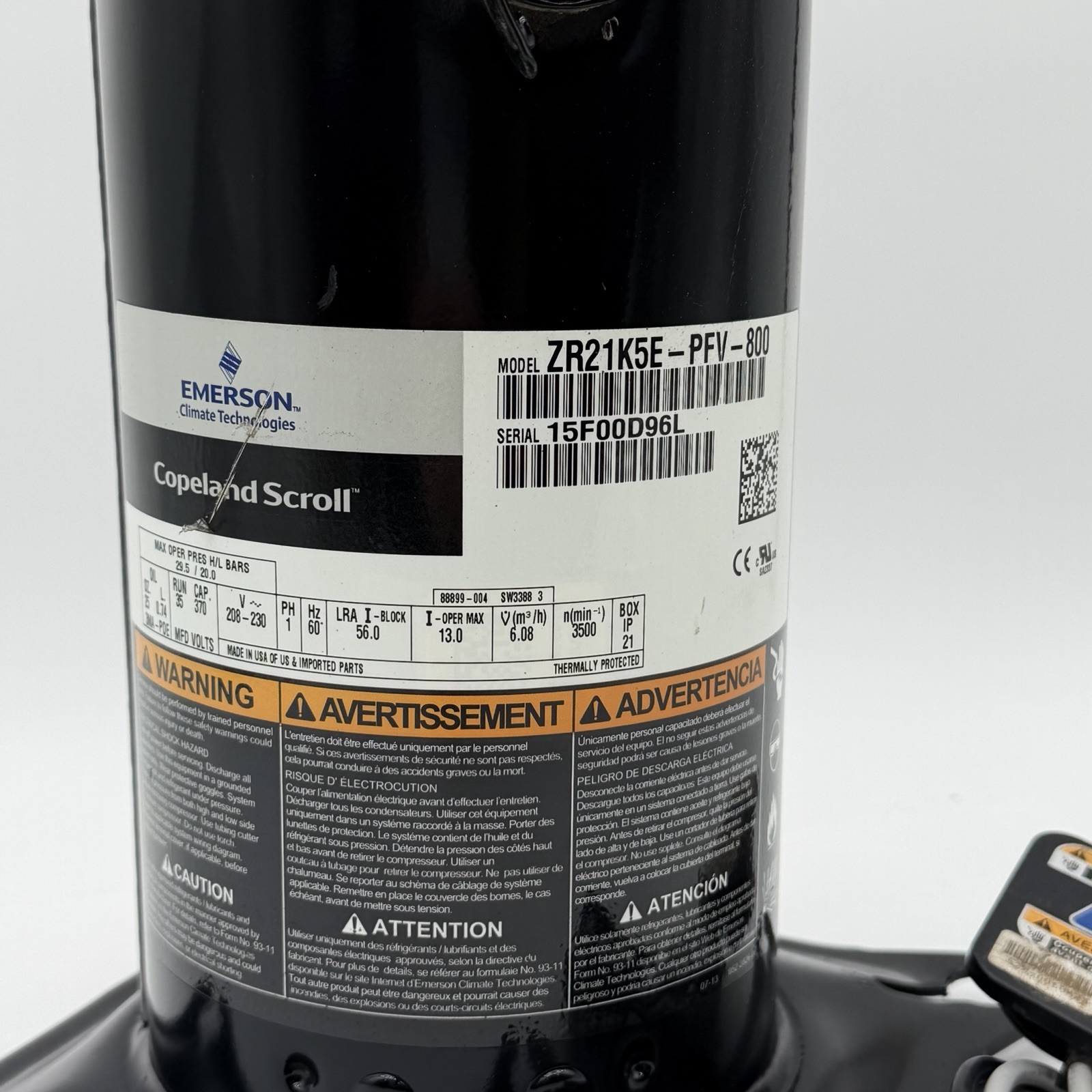 ZR21K5E-PFV-800 Copeland 1 PH, R22 Compressor, 20200 BTU (230V)