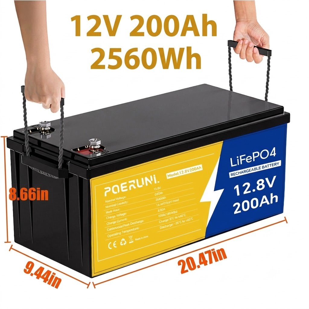 POERUNI 12V 200Ah LiFePO4 Battery 2560Wh Lithium Rechargeable RV Solar Off-Grid