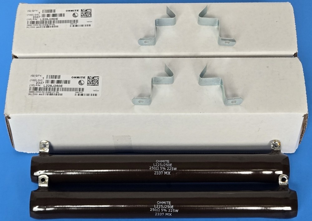 (2) 250Ω 225W Vitreous Enamel Resistor Ohmite L225J250E w/ Mounting Clips