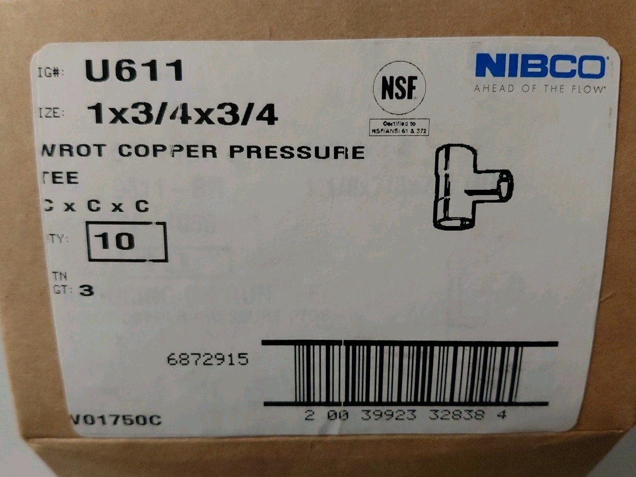 Box Of 10 Nibco U611 1×3/4×3/4 Wrot Copper Pressure Tees C X C X C