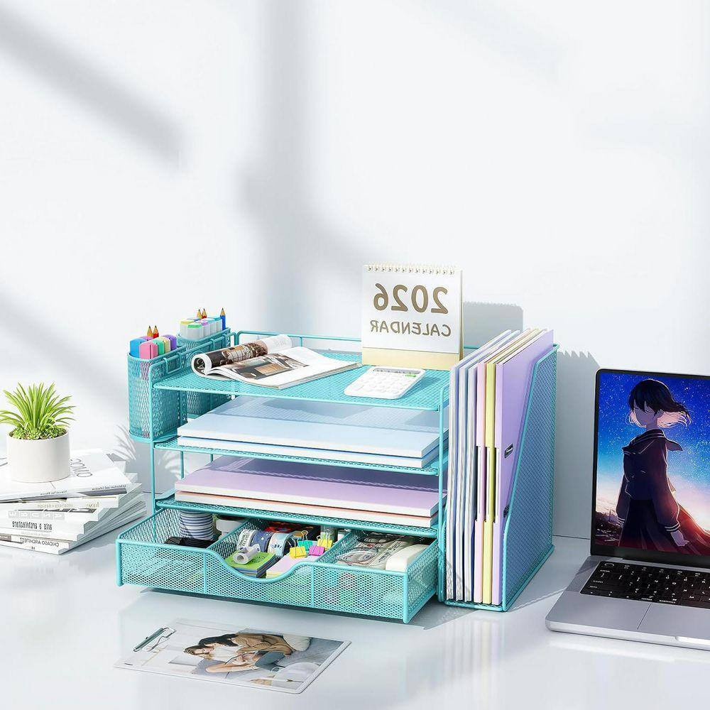 Blue 15.5 In. X 9.2 In. Metal Modern Desk File Holder with Drawer and 2 Pen Hold