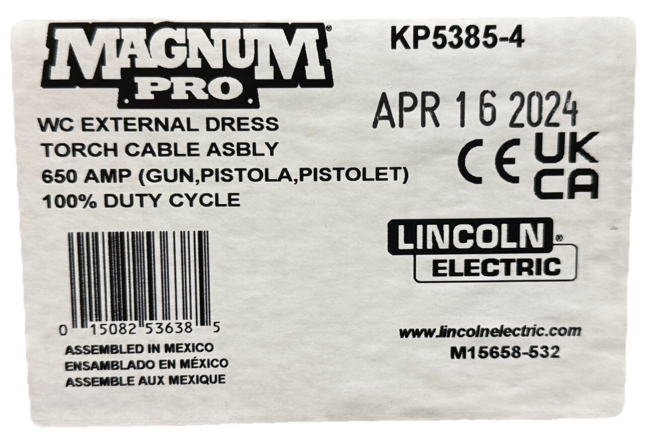 Lincoln KP5385-4 WC EXTERNAL DRESS TORCH CABLE ASBLY 650 AMP 100% Duty Cycle.