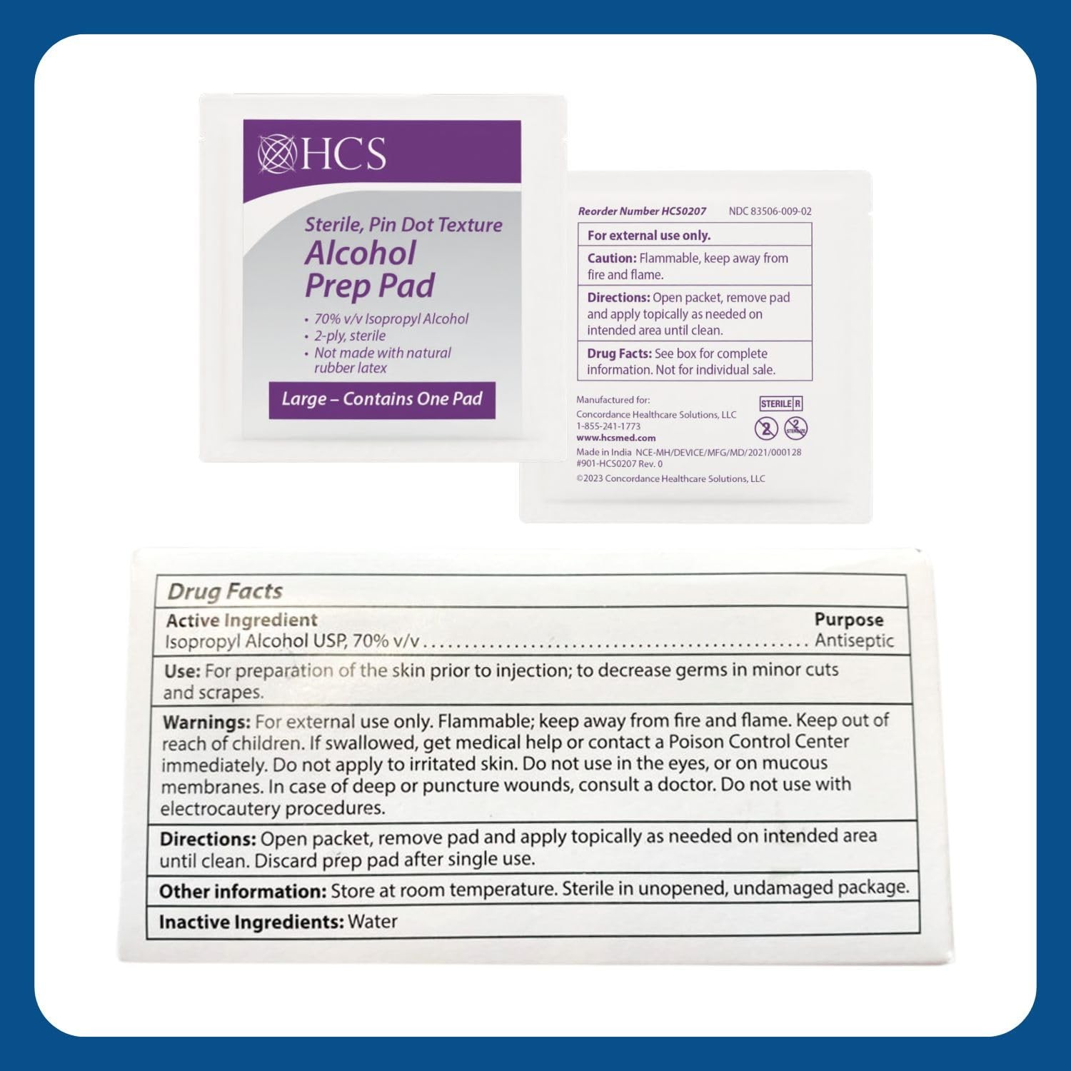 HCS Large Alcohol Prep Pads – Textured, 70% Isopropyl 1 Count (Pack of 100)