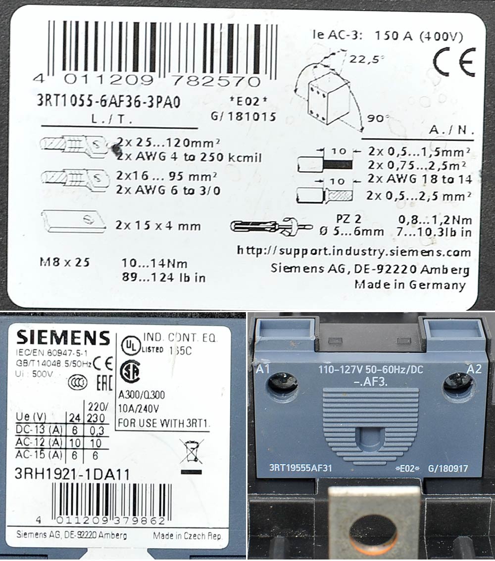 Siemens Sirius 3RT1055-6AF36-3PA0 Motor Power Contactor 3-Poles 150A 400V