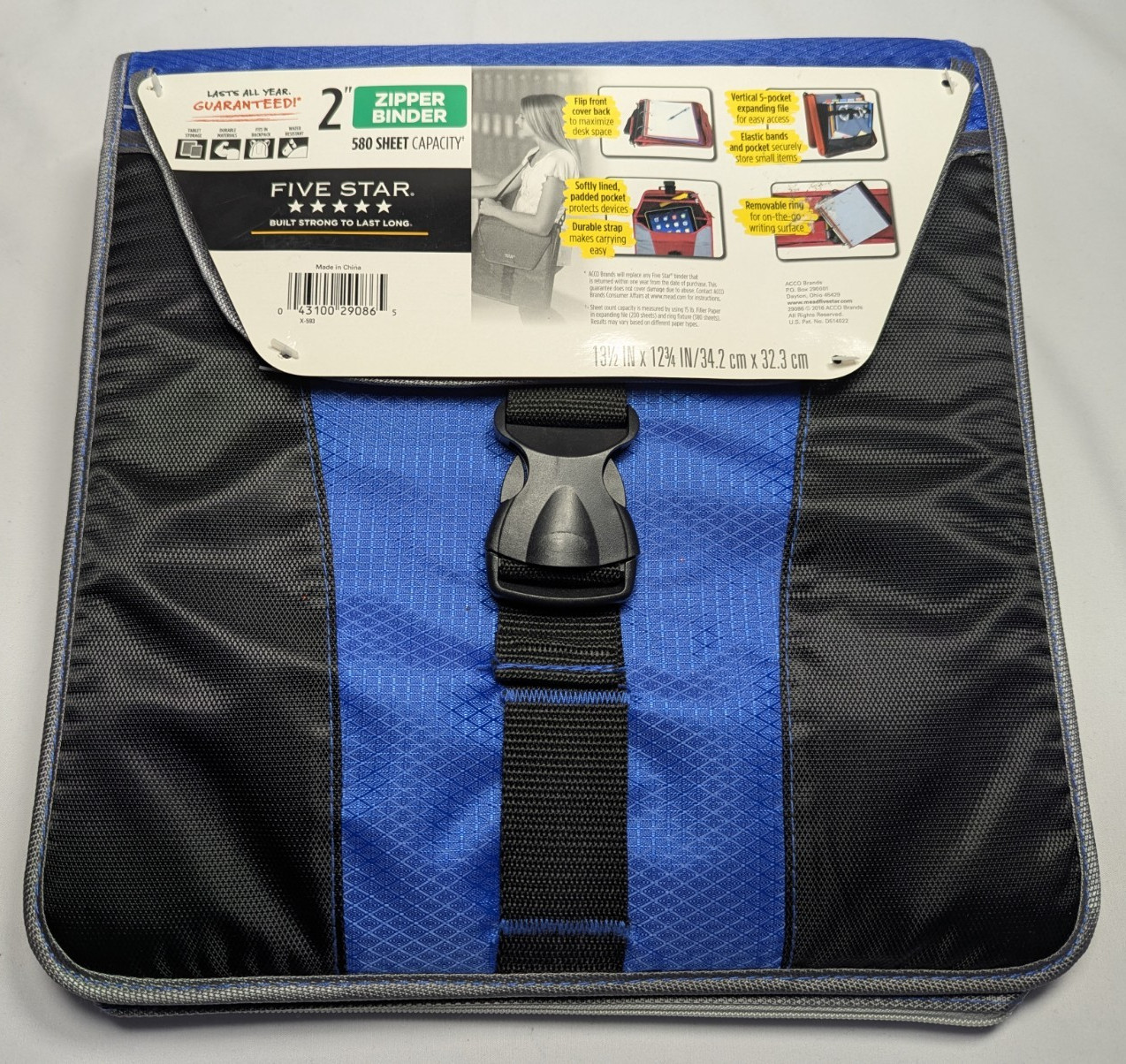 FIVE STAR Zipper Binder Blue & Black 2″ W/ Carrying Strap 2016 NEW College Work