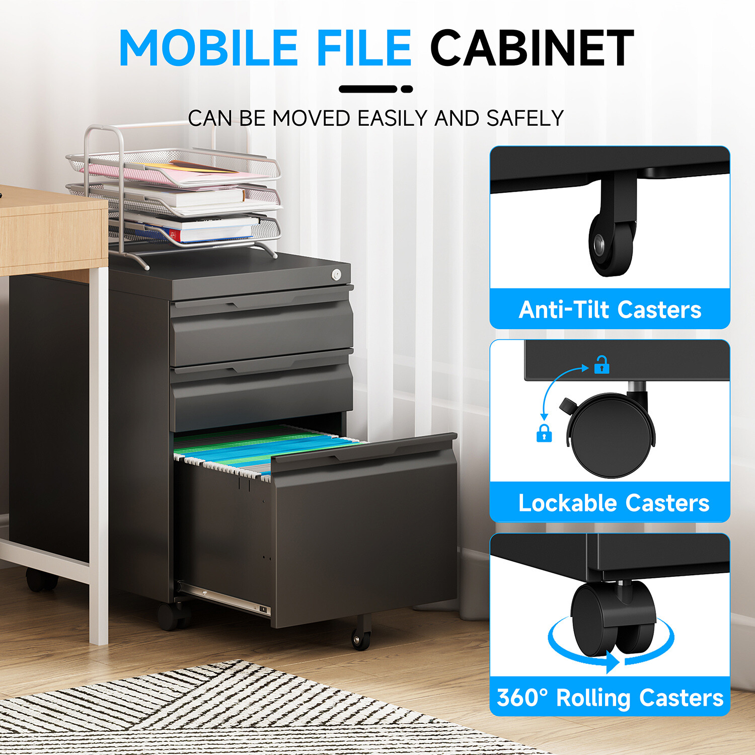 3 Drawer File Cabinet with Lock,Office Under Desk Rolling Filing Cabinet Storage