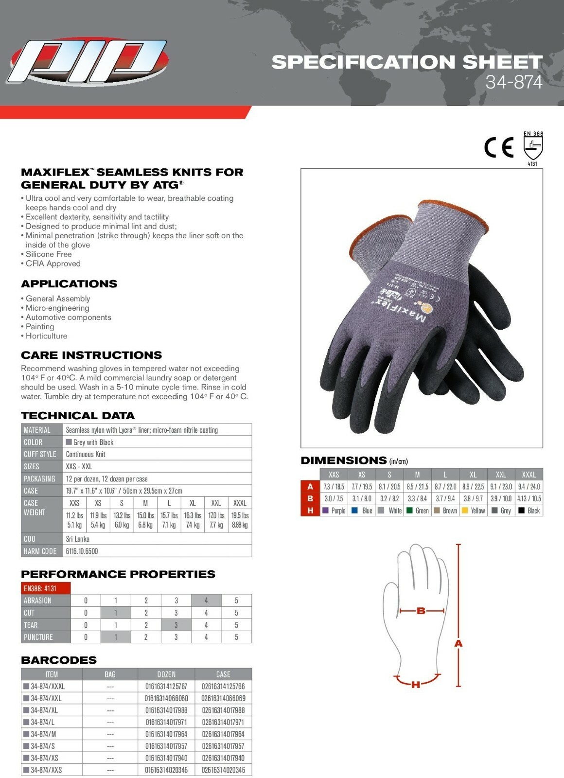 12 PR. 34-874 MaxiFlex Ultimate Foam Nitrile Grip Coated PROTECTIVE WORK GLOVES