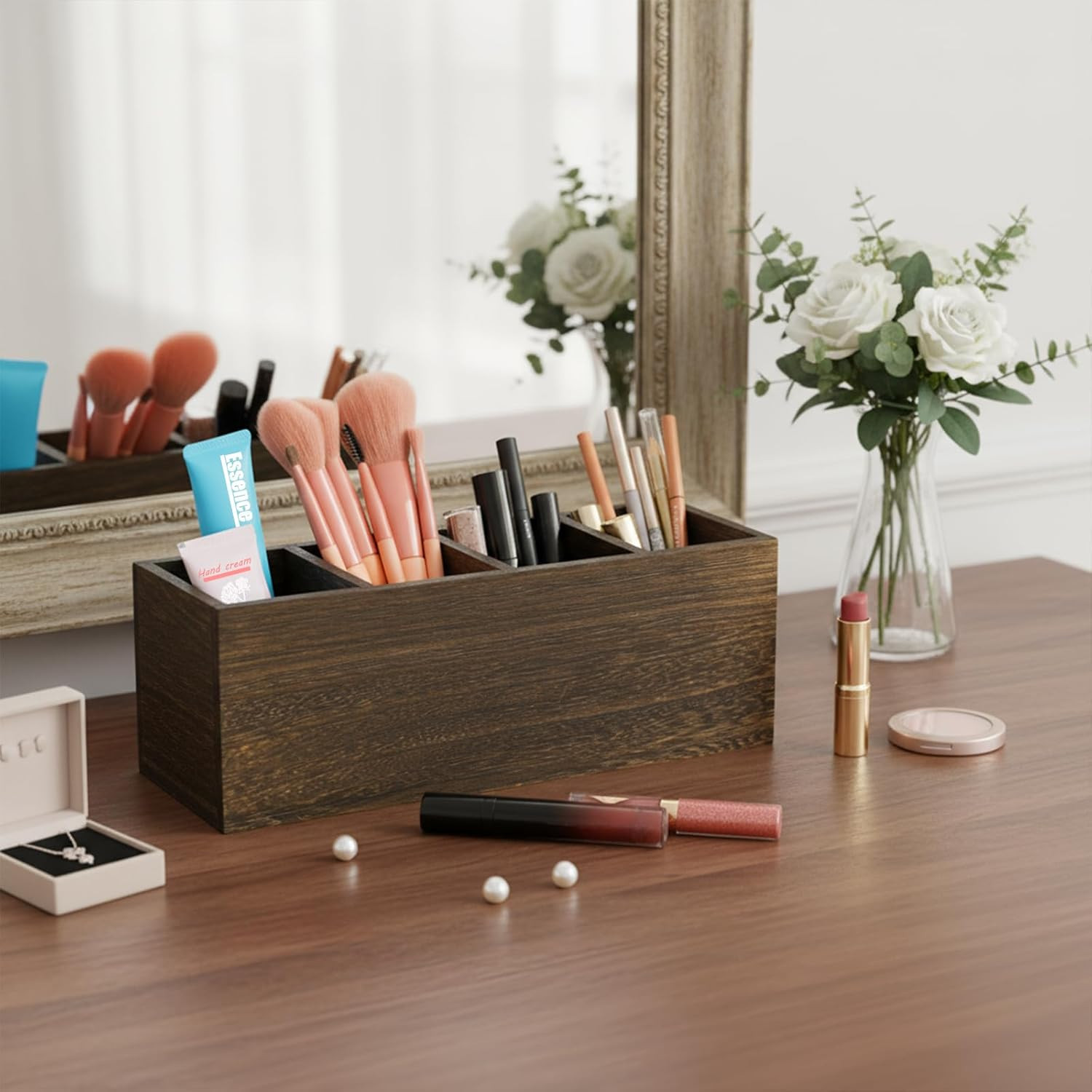 2 Pack Wooden Pencil Holder for Desk, Rustic Wood Remote Control Holder Caddys,