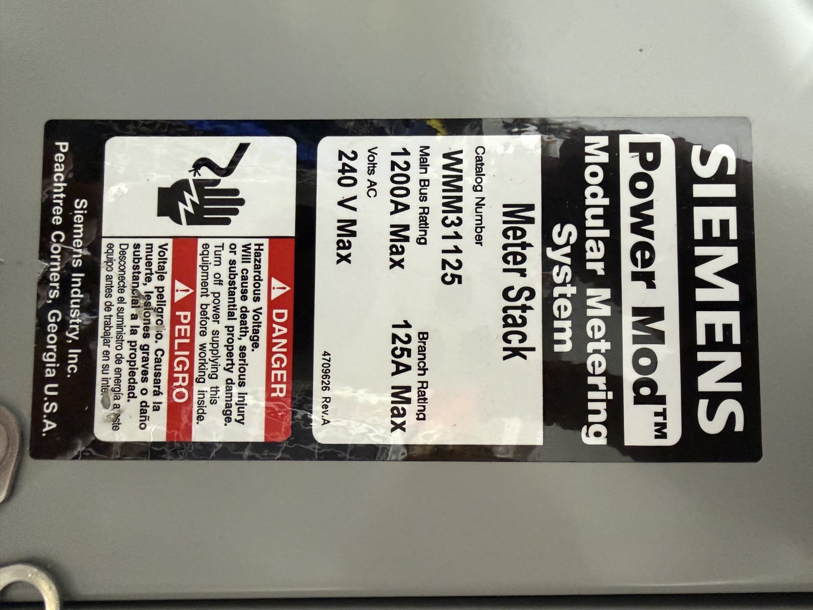 Siemens WMM31125 Power Mod 3-Gang 125A 1200A Bus 240V 4-Jaw Ring Meter Stack 1PH