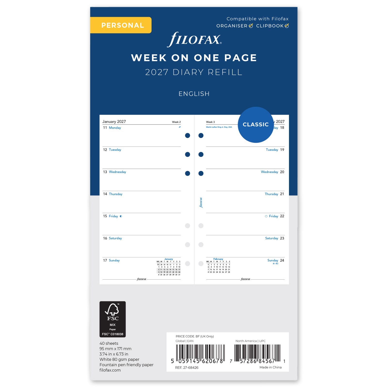 2026 Filofax Personal Size Refill 26-68426, Week on One Page, 95mm x 171mm
