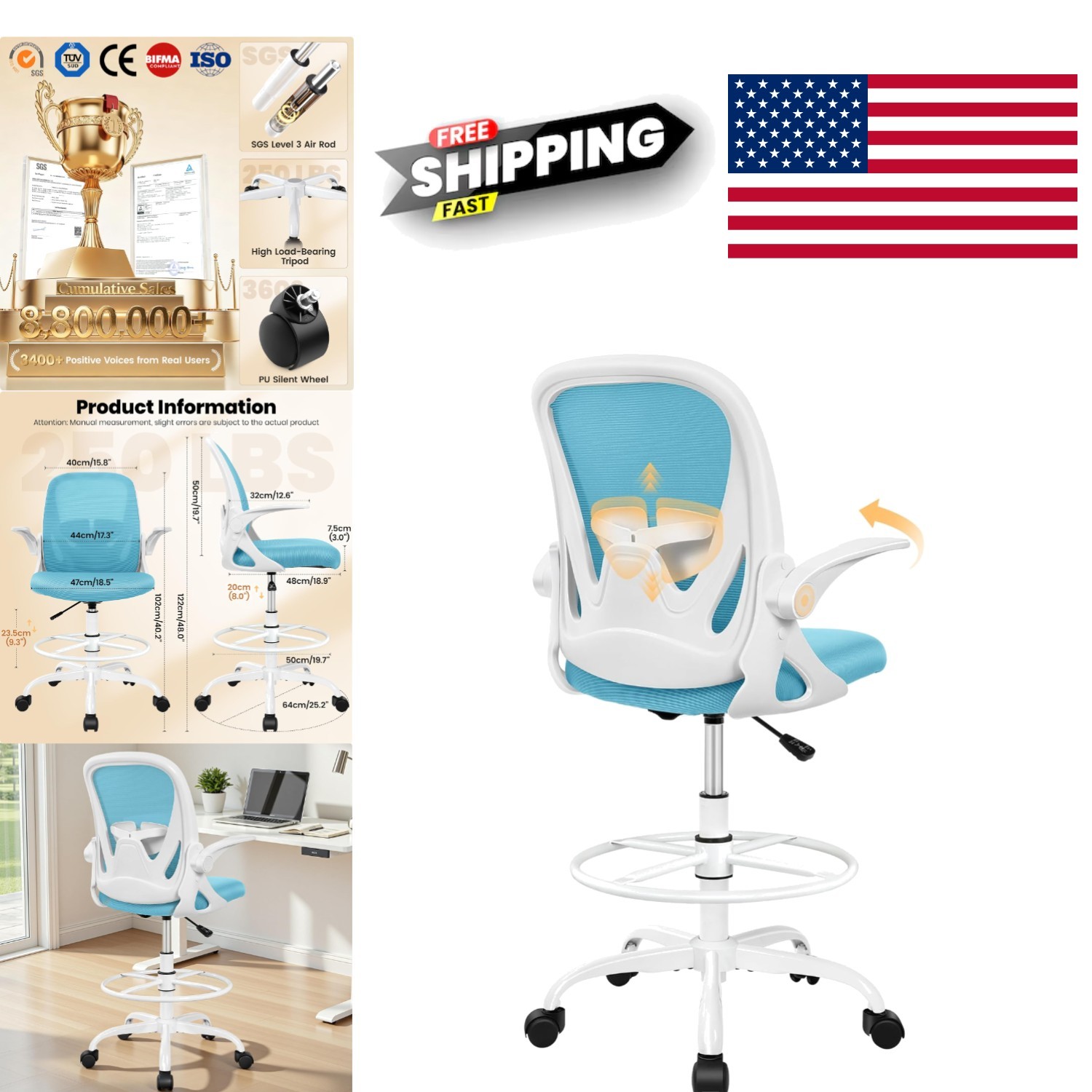 Drafting Chair with Memory Foam Cushion Ergonomic Design for Comfort and Support