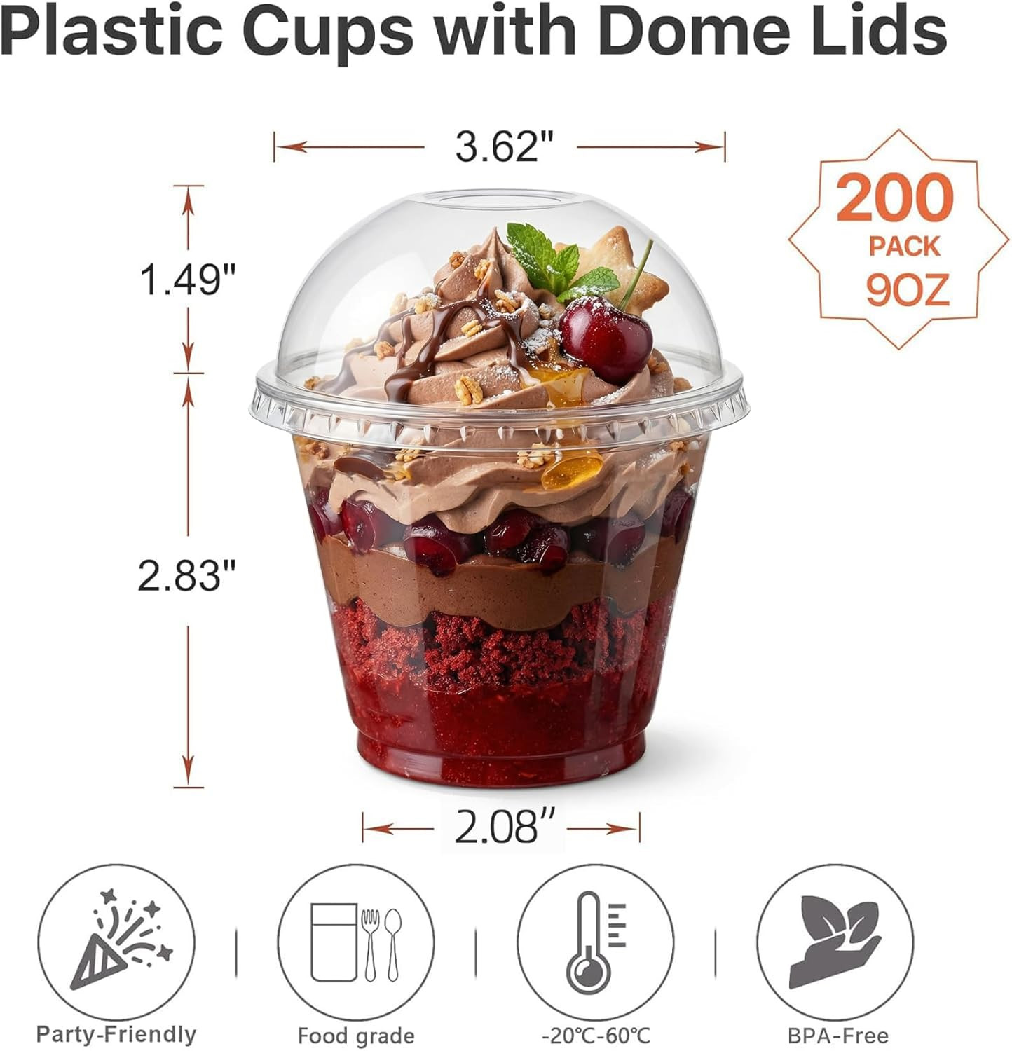 Lullaby 200Pack 9Oz Clear Plastic Cups with Dome Lids, Dessert Cups with Lids, D