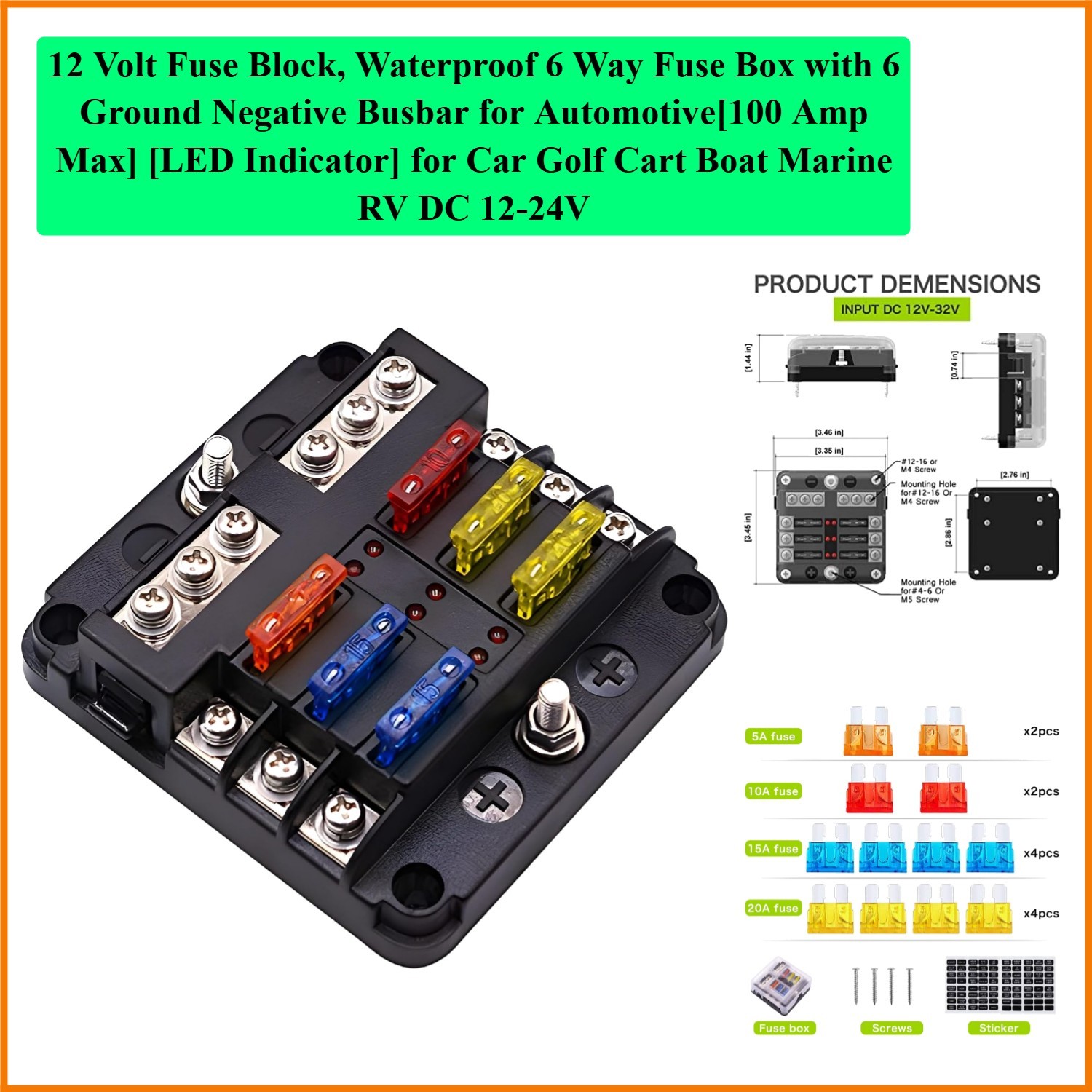 12 Volt Fuse Block, Waterproof 6 Way Fuse Box with 6 Ground Negative Busbar f…